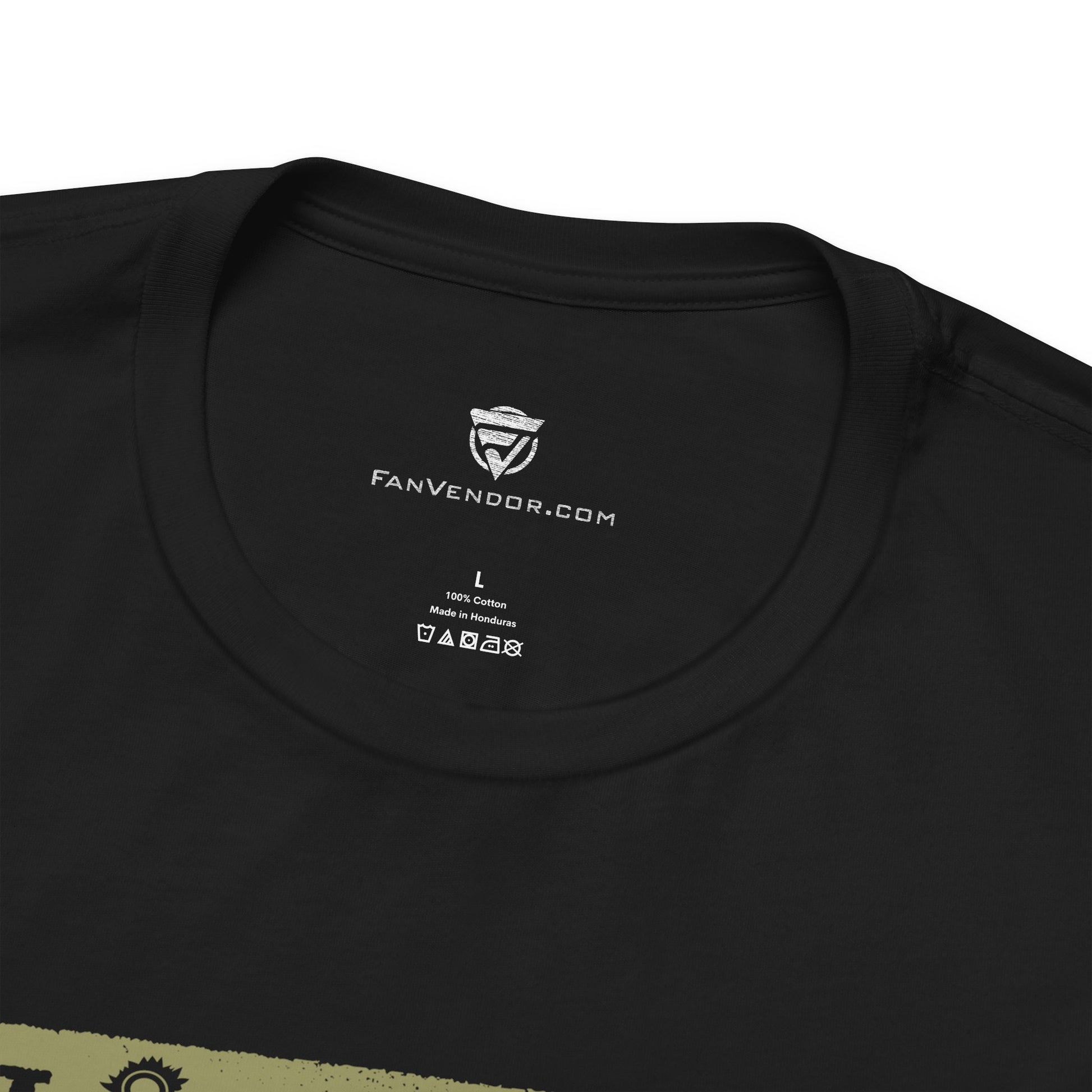 Black t-shirt with 'FanVendor.com' branding on the collar and size label.