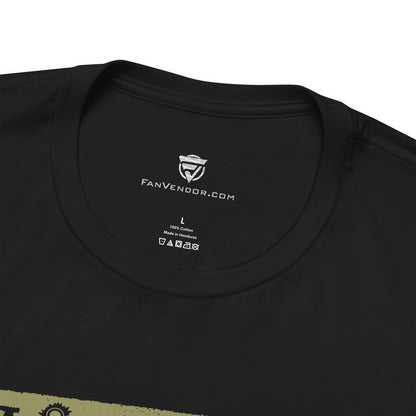 Black t-shirt with 'FanVendor.com' branding on the collar and size label.