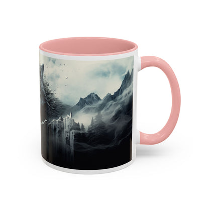 Mug with pink interior and handle featuring a mountain and castle design.