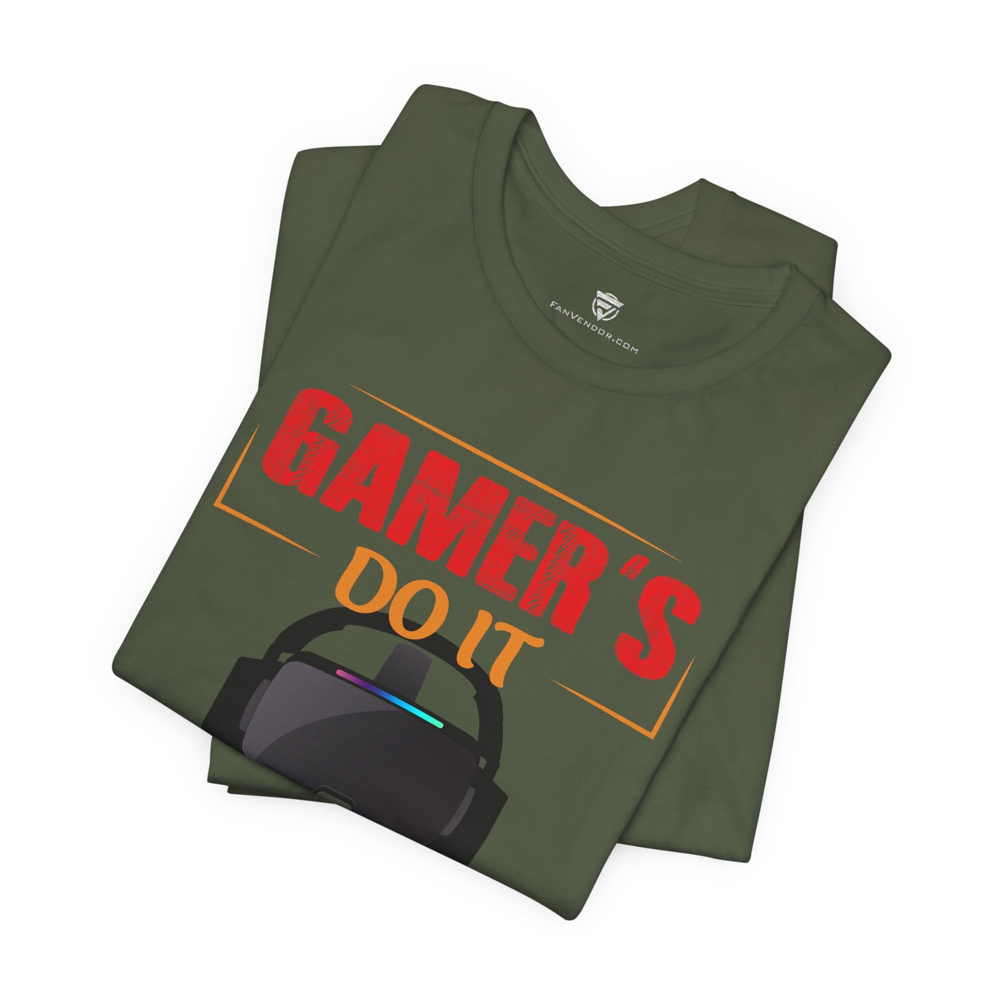 Green t-shirt with 'GAMER'S DO IT' text and gaming headset graphic on a white background