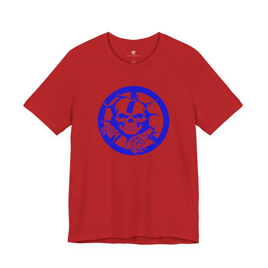 Red t-shirt with a blue graphic design on a white background