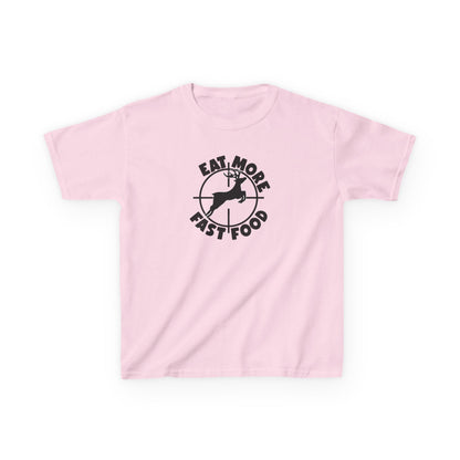Pink t-shirt with black graphic and text on a white background