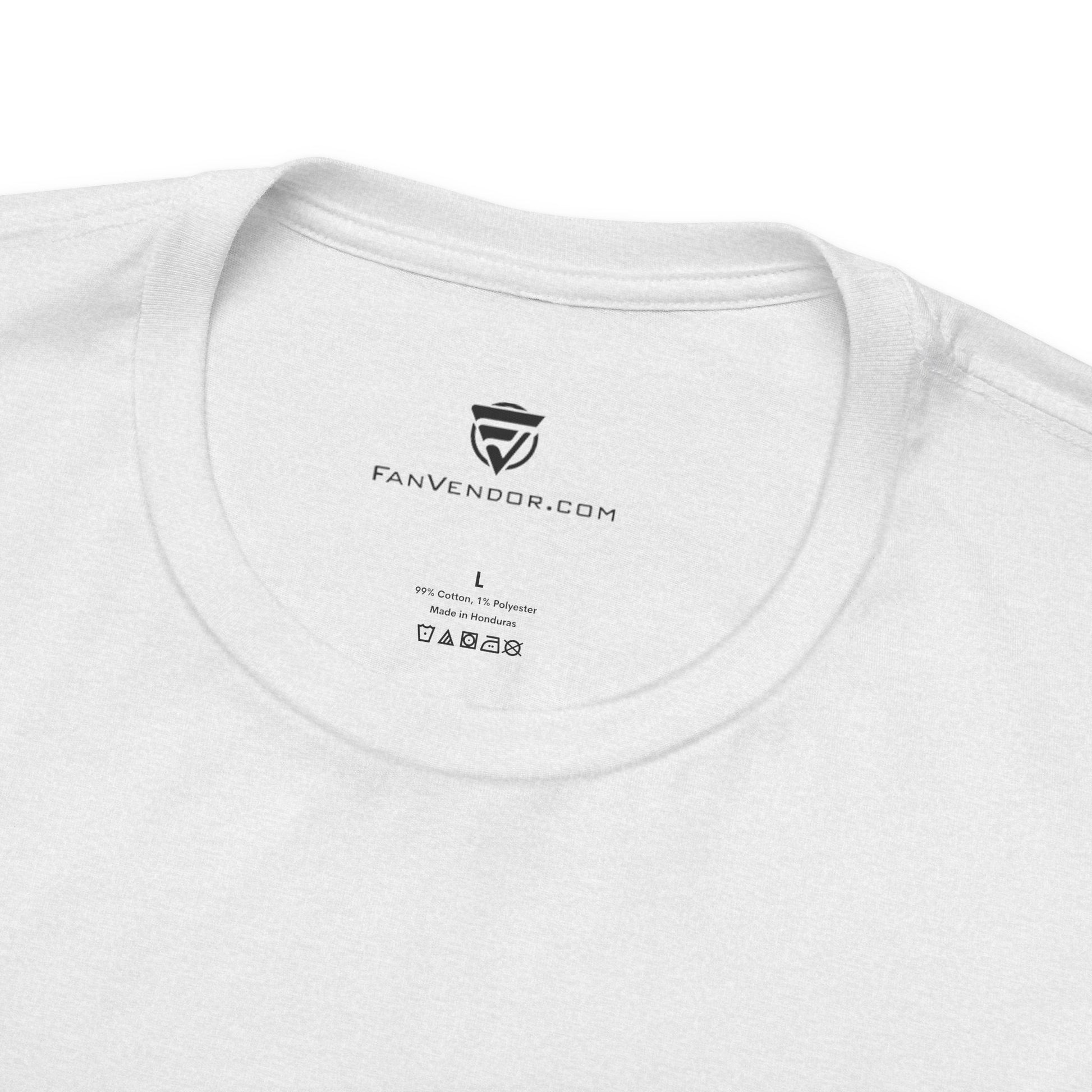 White t-shirt with 'Fanvendor.com' logo and text on the collar.