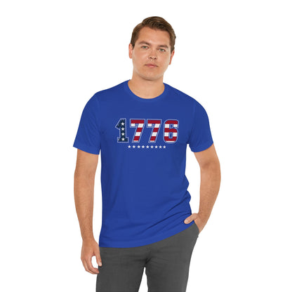 Man wearing a blue t-shirt with '1776' design on a white background