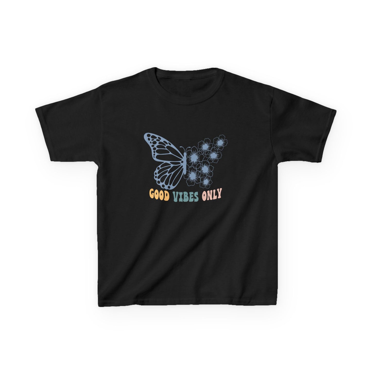 Black t-shirt with a butterfly graphic and  text on a white background