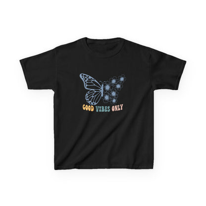 Black t-shirt with a butterfly graphic and  text on a white background