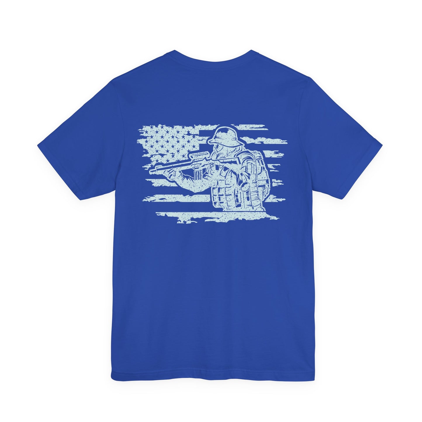 Blue t-shirt with white graphic of a soldier and American flag on a white background