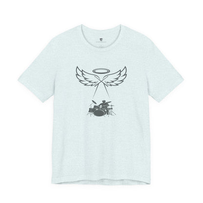 Light blue t-shirt with black graphic design on a white background