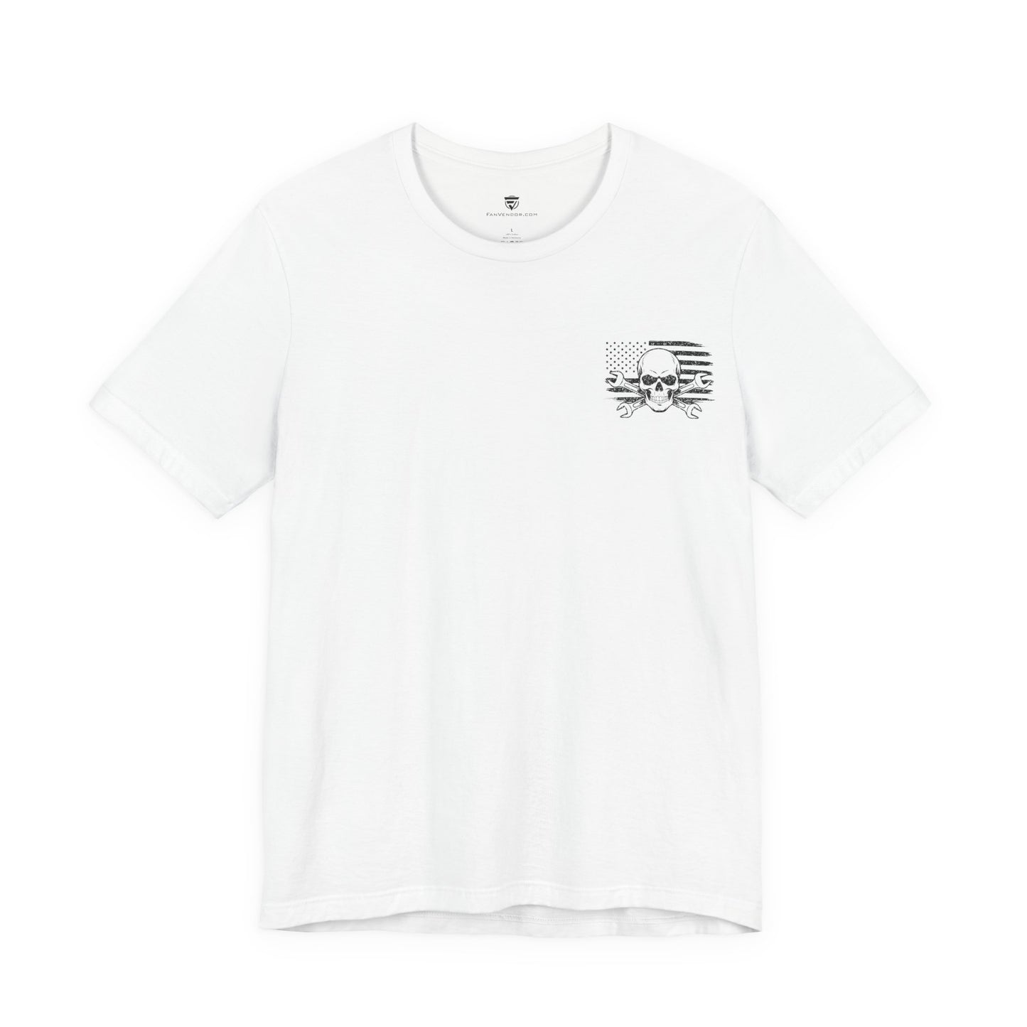 White t-shirt with a black skull and crossbones design on a white background