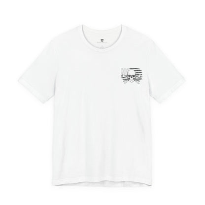 White t-shirt with a black skull and crossbones design on a white background