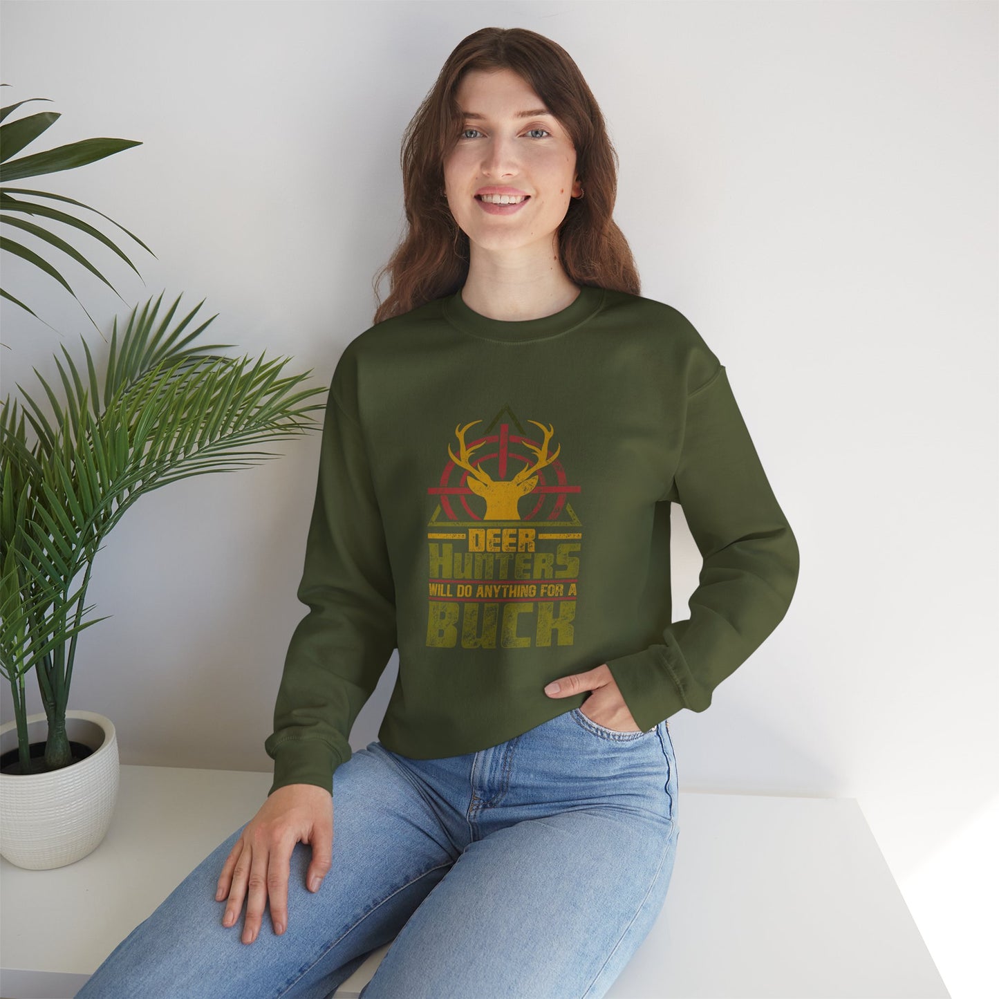 Unisex Funny Sweatshirt Deer Hunter  Green