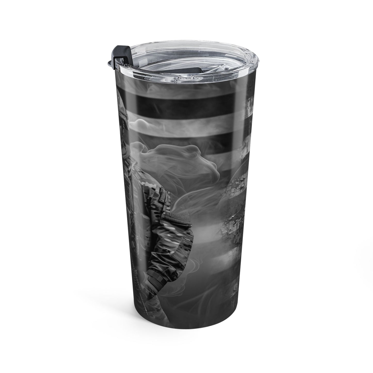 Tumbler with black and white design on a white background