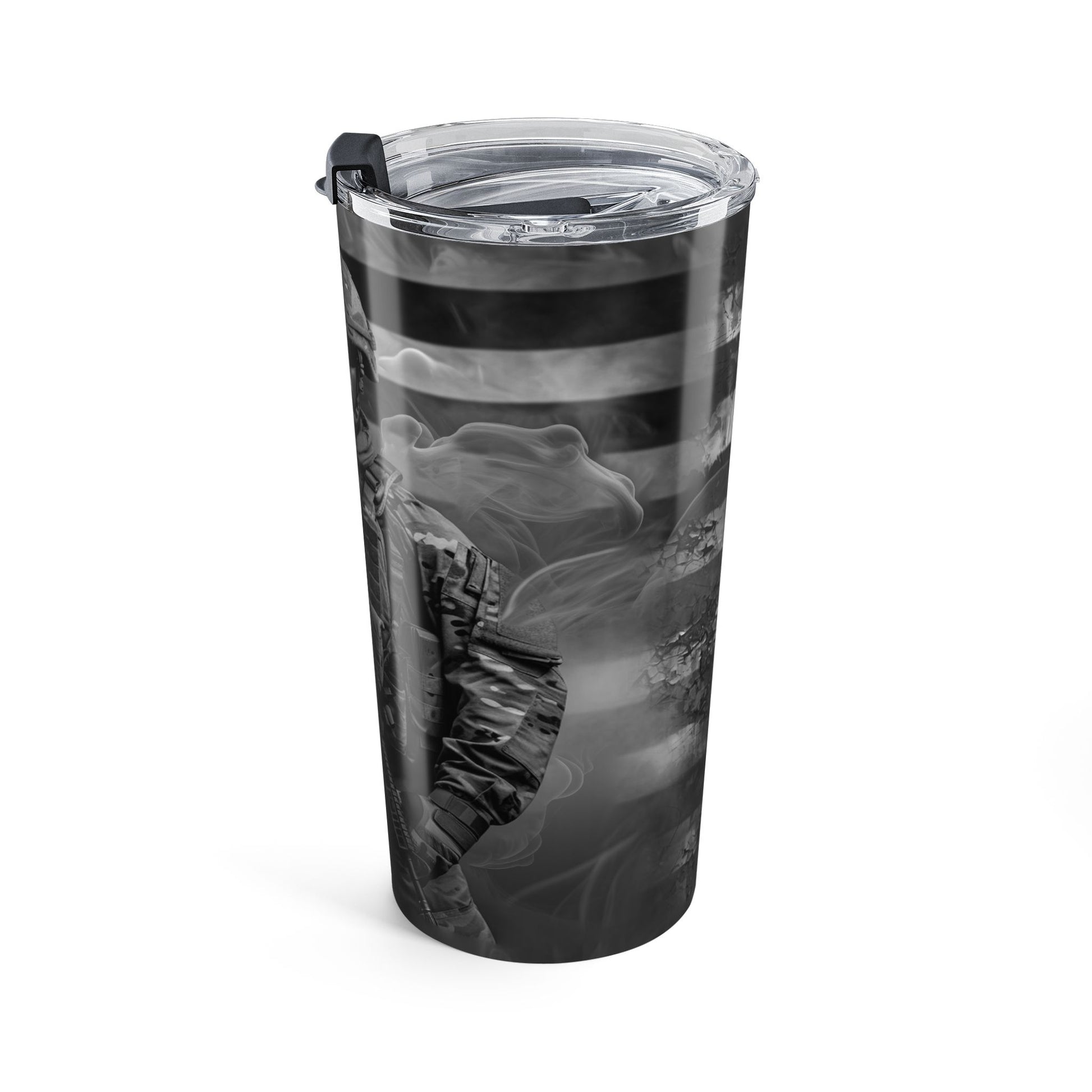 Tumbler with black and white design on a white background