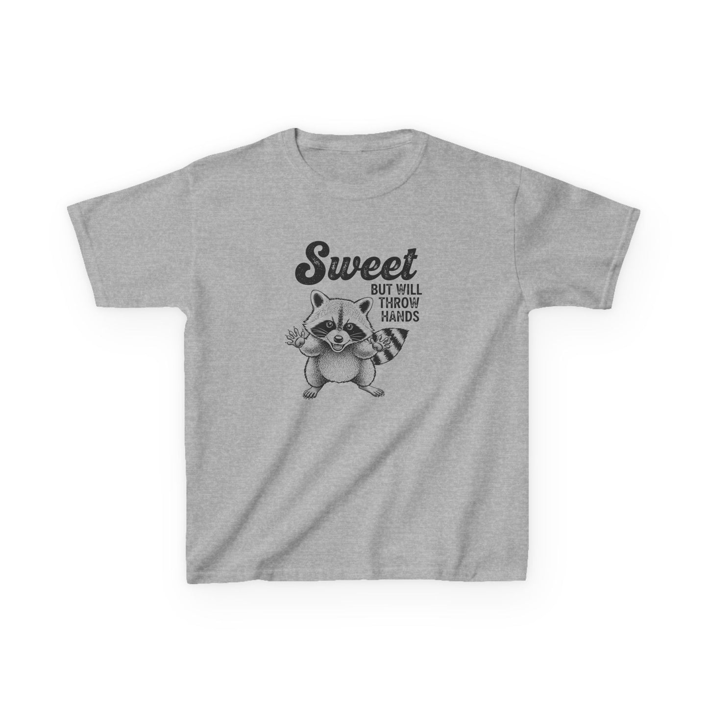 Gray t-shirt with a raccoon graphic and text on a white background