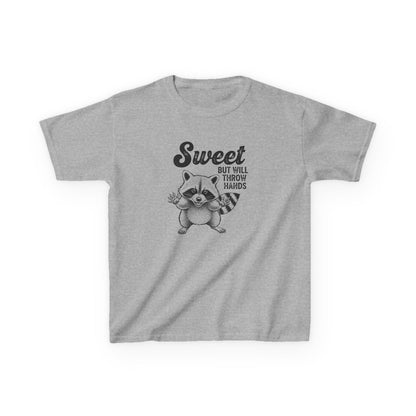 Gray t-shirt with a raccoon graphic and text on a white background