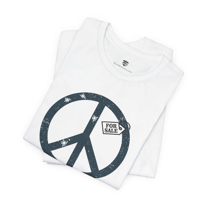 White t-shirt with peace symbol design on a white background