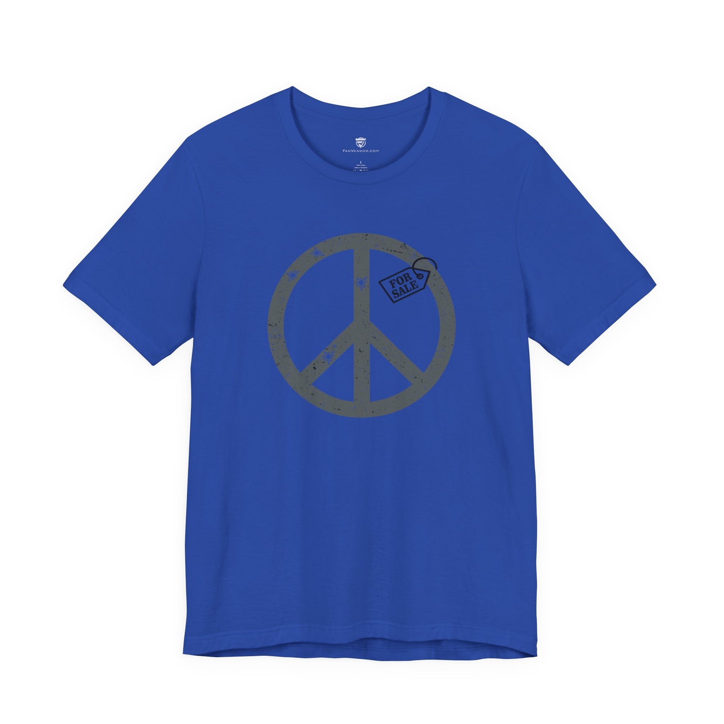 Blue t-shirt with a peace symbol design on a white background