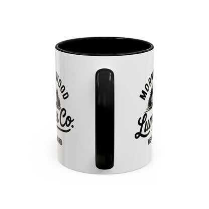 White mug with black interior and handle, featuring branding on a white background