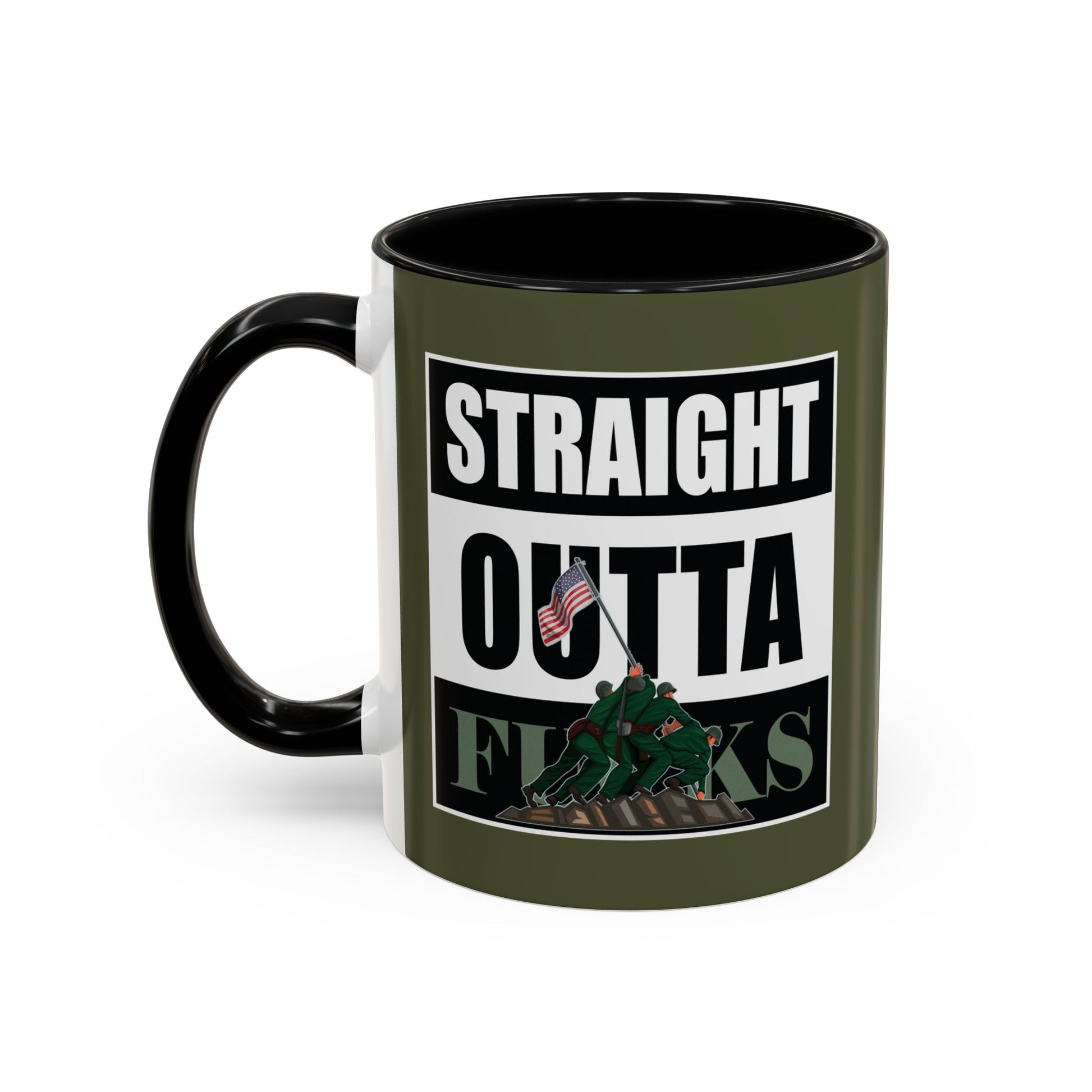 Mug with 'Straight Outta' text and graphic on a white background