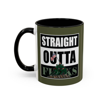 Mug with 'Straight Outta' text and graphic on a white background