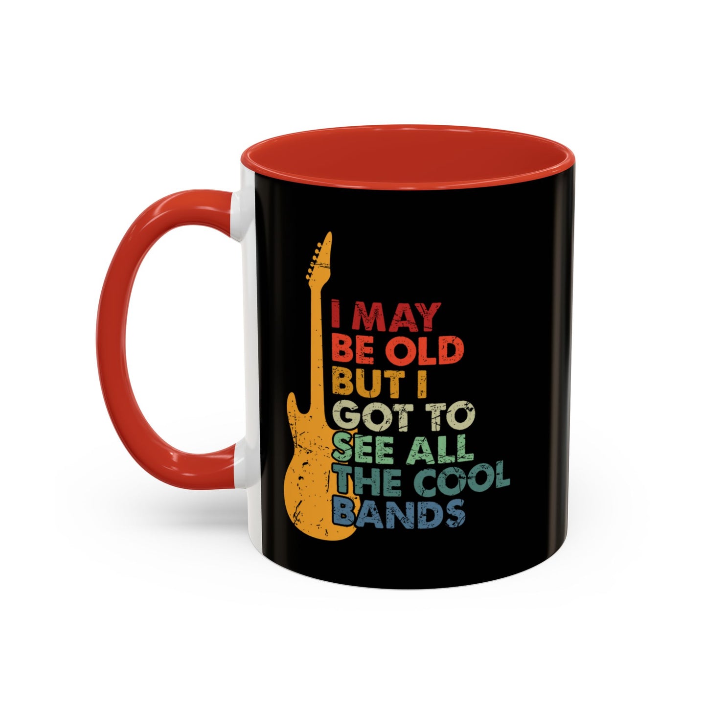 Black mug with red interior and handle, featuring a colorful guitar graphic and text.