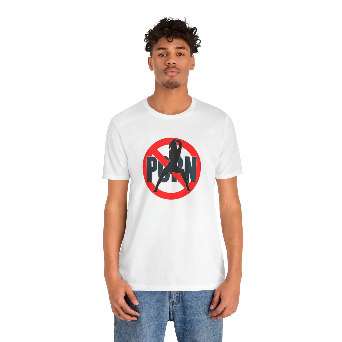 Person wearing a white t-shirt with a graphic design on a white background