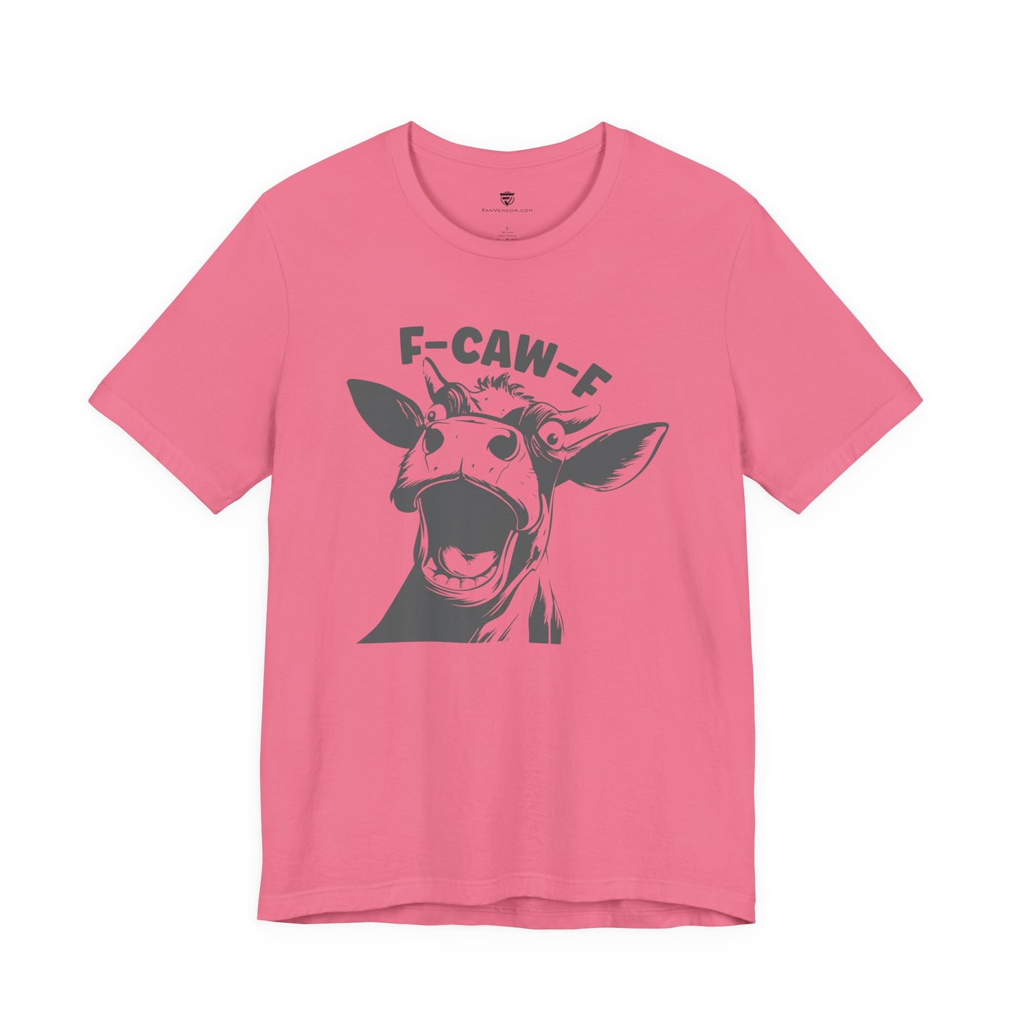 Pink t-shirt with a graphic of a cow and text 'F-CAW-F' 