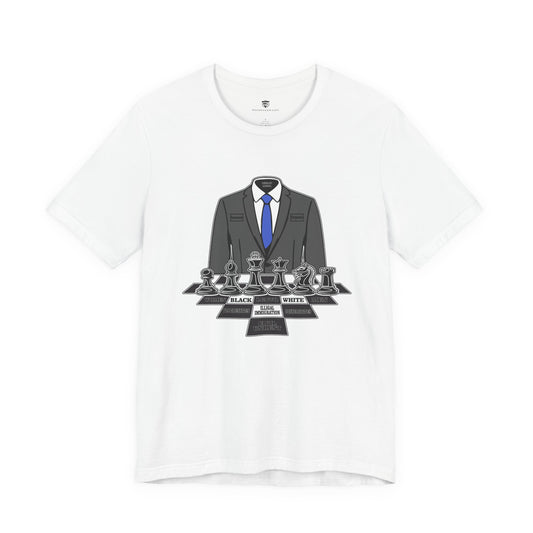 White t-shirt with a suit and chess piece graphic on a white background