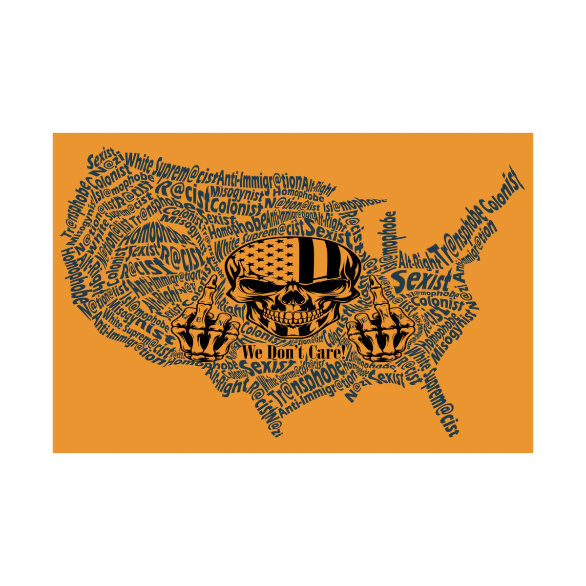 Map of the United States with text and skull design on an orange background