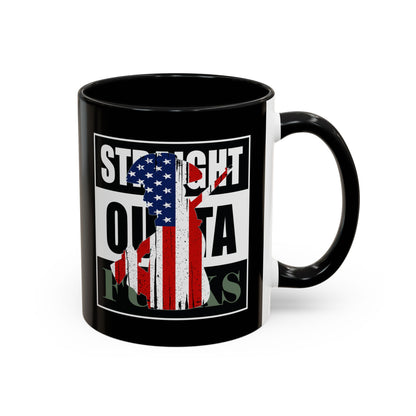 Black mug with American flag design and text on a white background