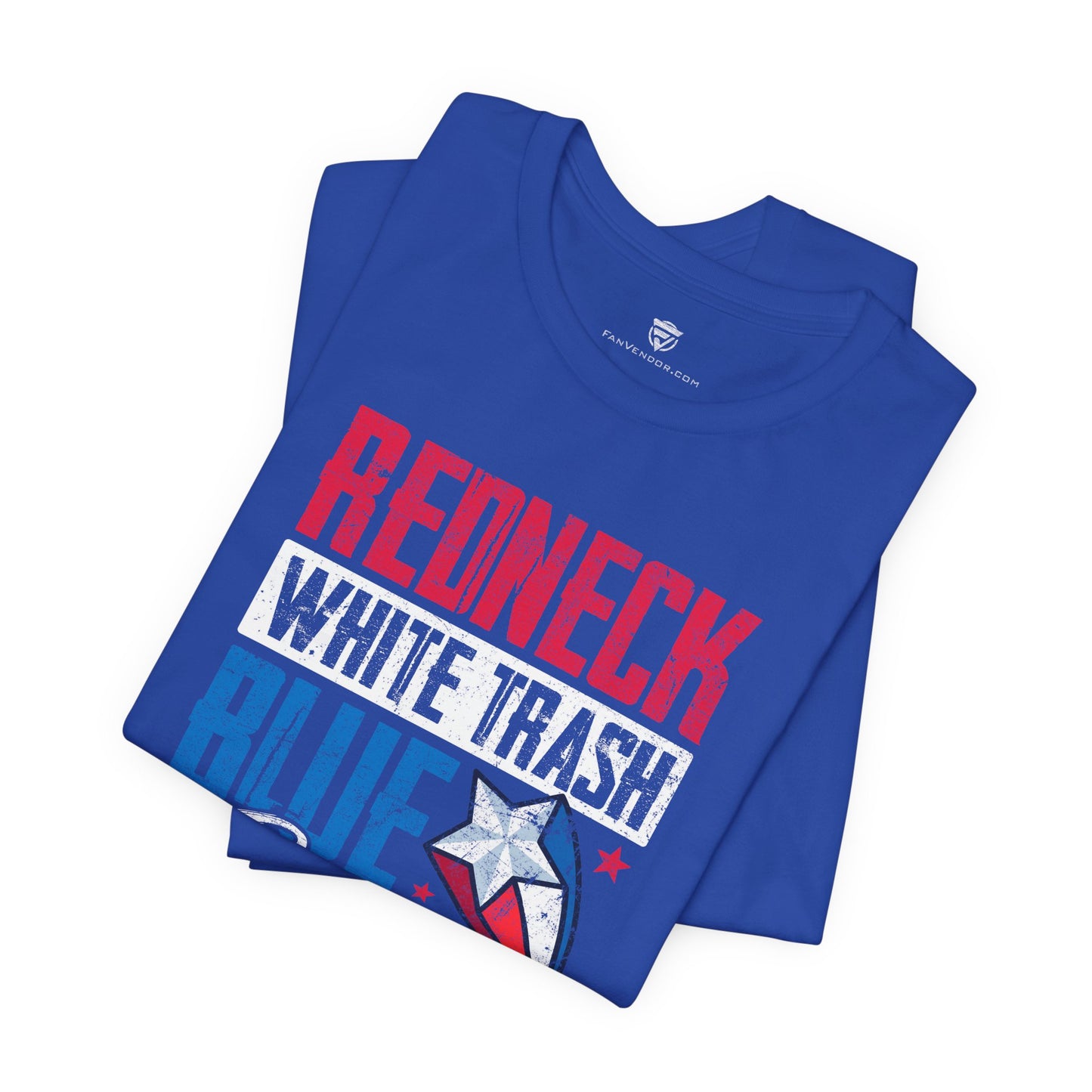 Blue t-shirt with 'Redneck White Trash' text and star design on a white background