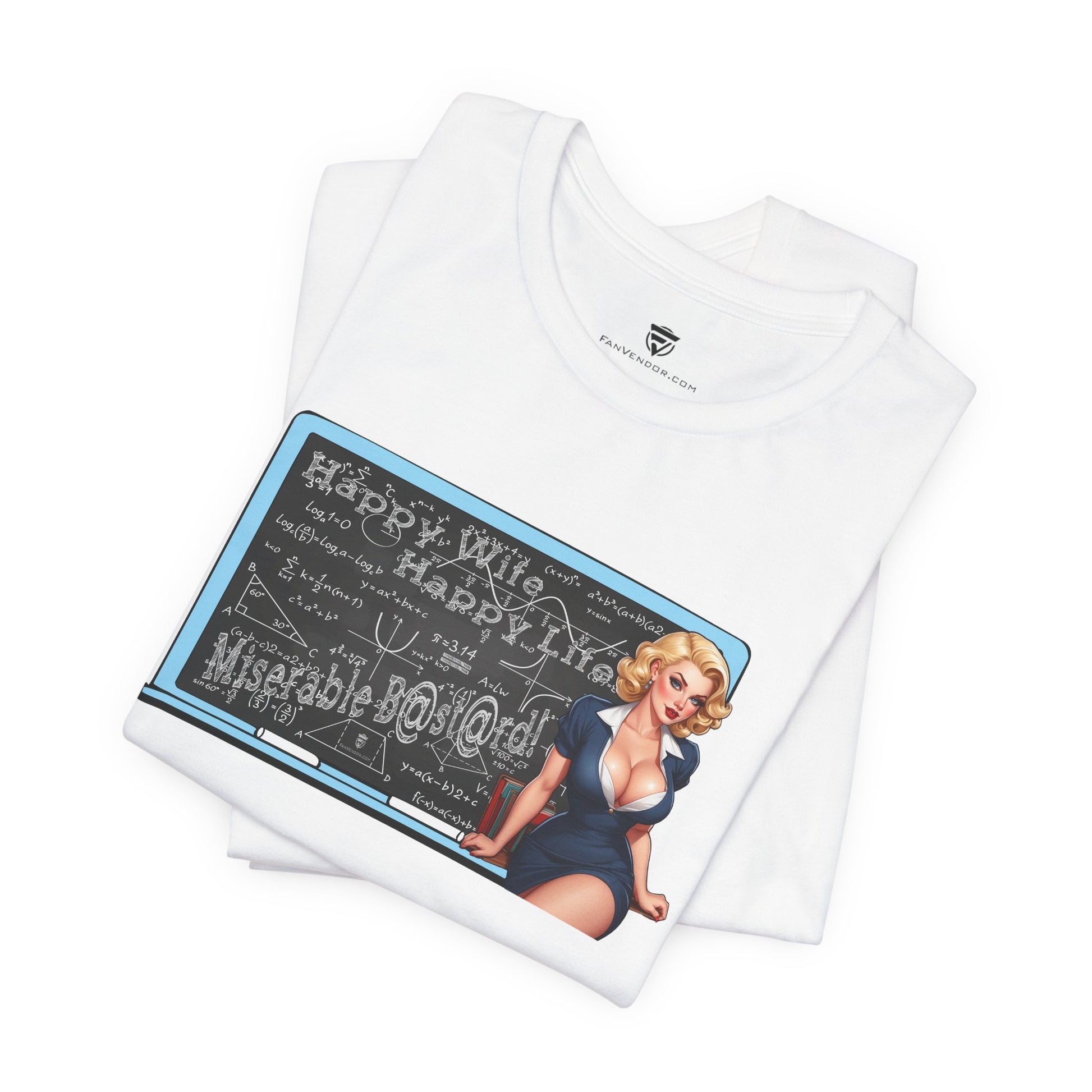 White t-shirt with a graphic design featuring a woman in a swimsuit and text on a white background