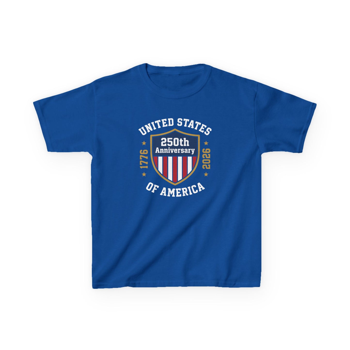 Blue t-shirt with 250th Anniversary of the United States design on a white background