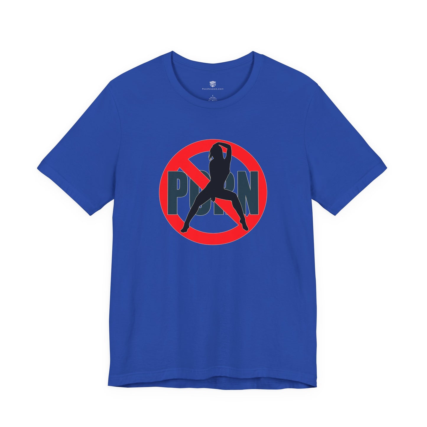 Blue t-shirt with a graphic design featuring a silhouette and the word 'Porn' on a white background