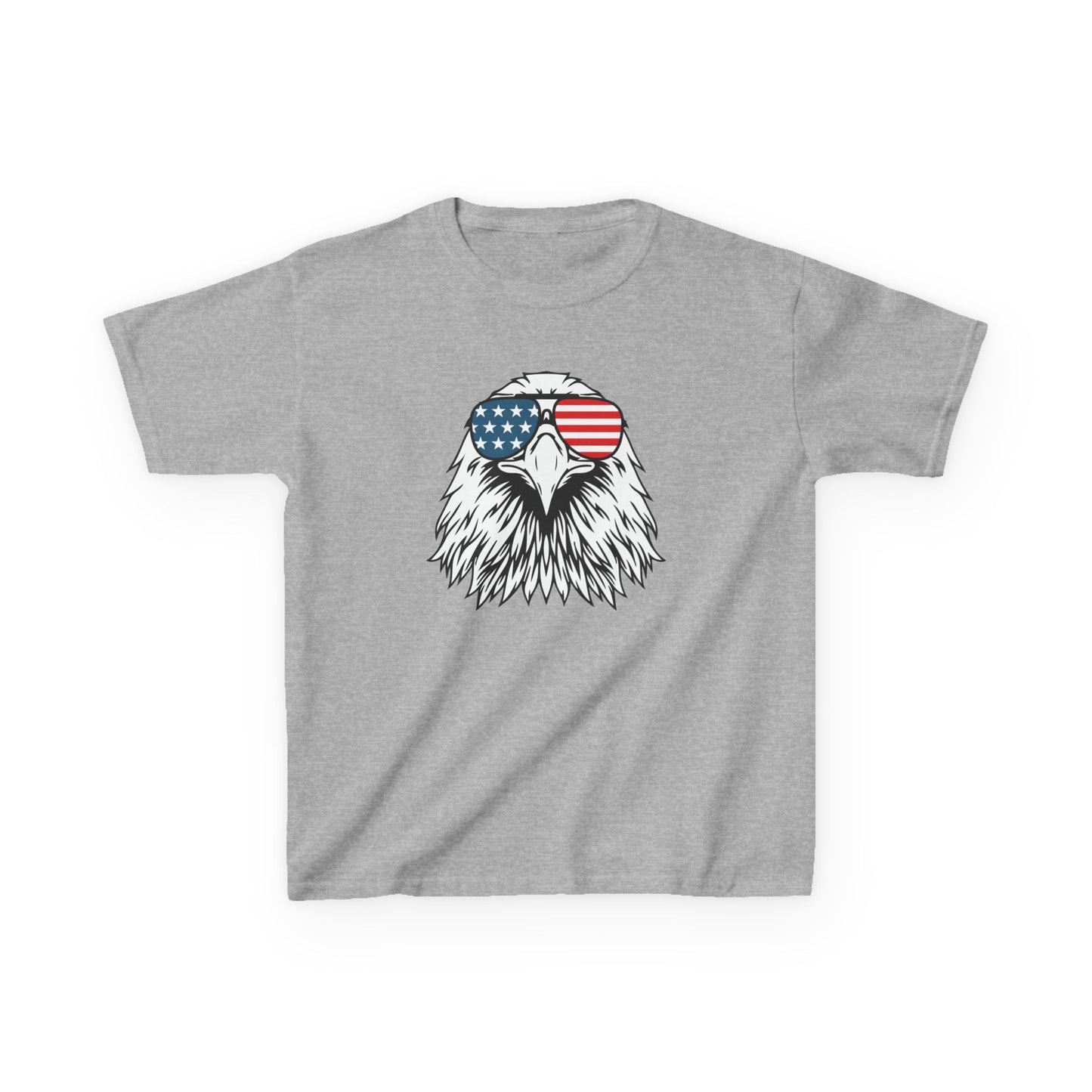 Gray t-shirt with an eagle design wearing American flag sunglasses on a white background