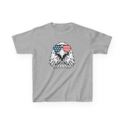 Gray t-shirt with an eagle design wearing American flag sunglasses on a white background