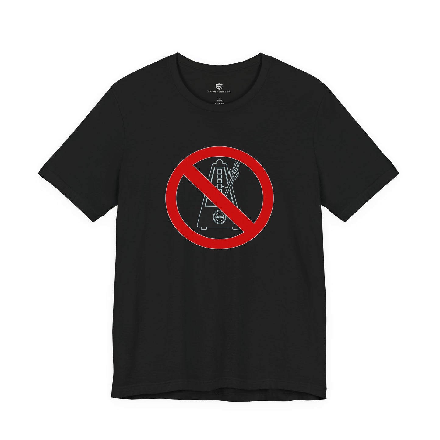 Black t-shirt with a red prohibition sign and graphic on a white background