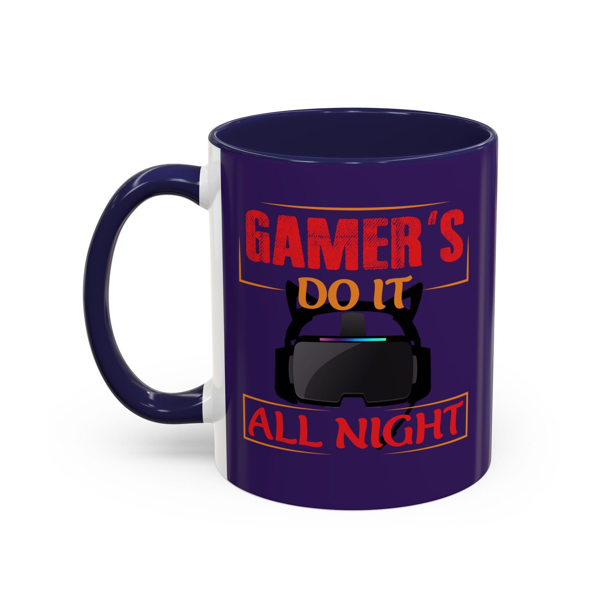 Purple mug with gaming-themed text and graphics on a white background