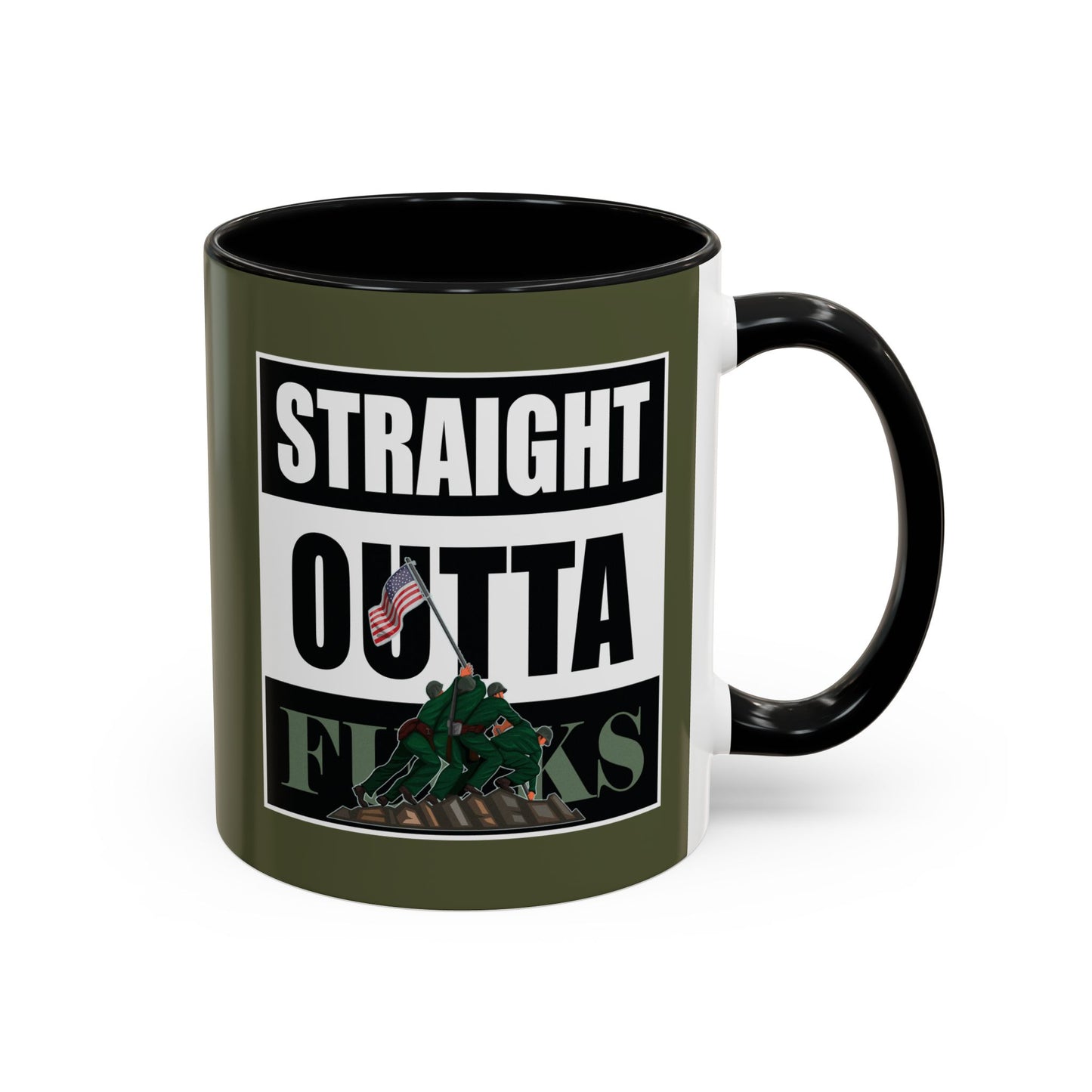Mug with 'Straight Outta Fcks' graphic design on a white background