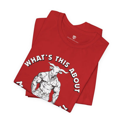 Red t-shirt with graphic design and text on a white background