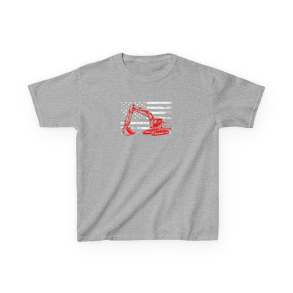 Gray t-shirt with red graphic design on a white background