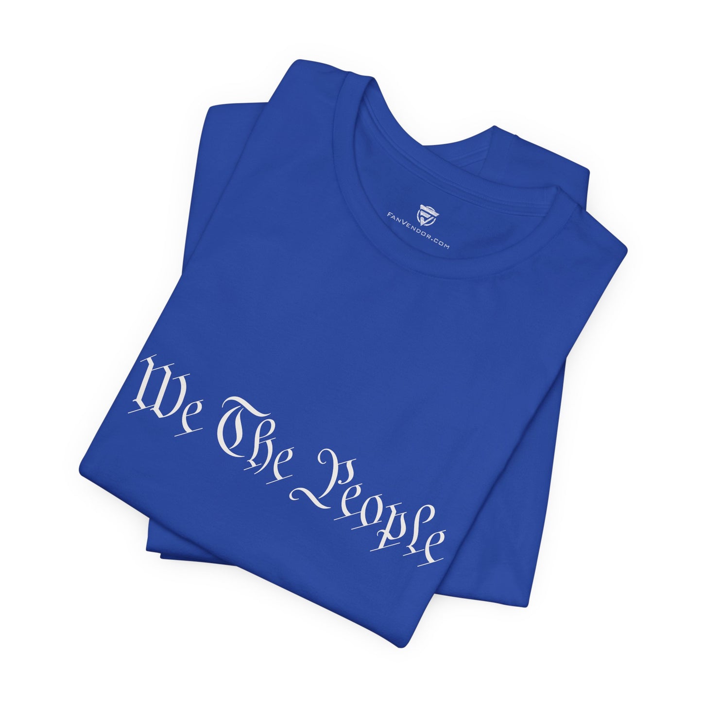 Folded blue t-shirt with 'We The People' text on a white background