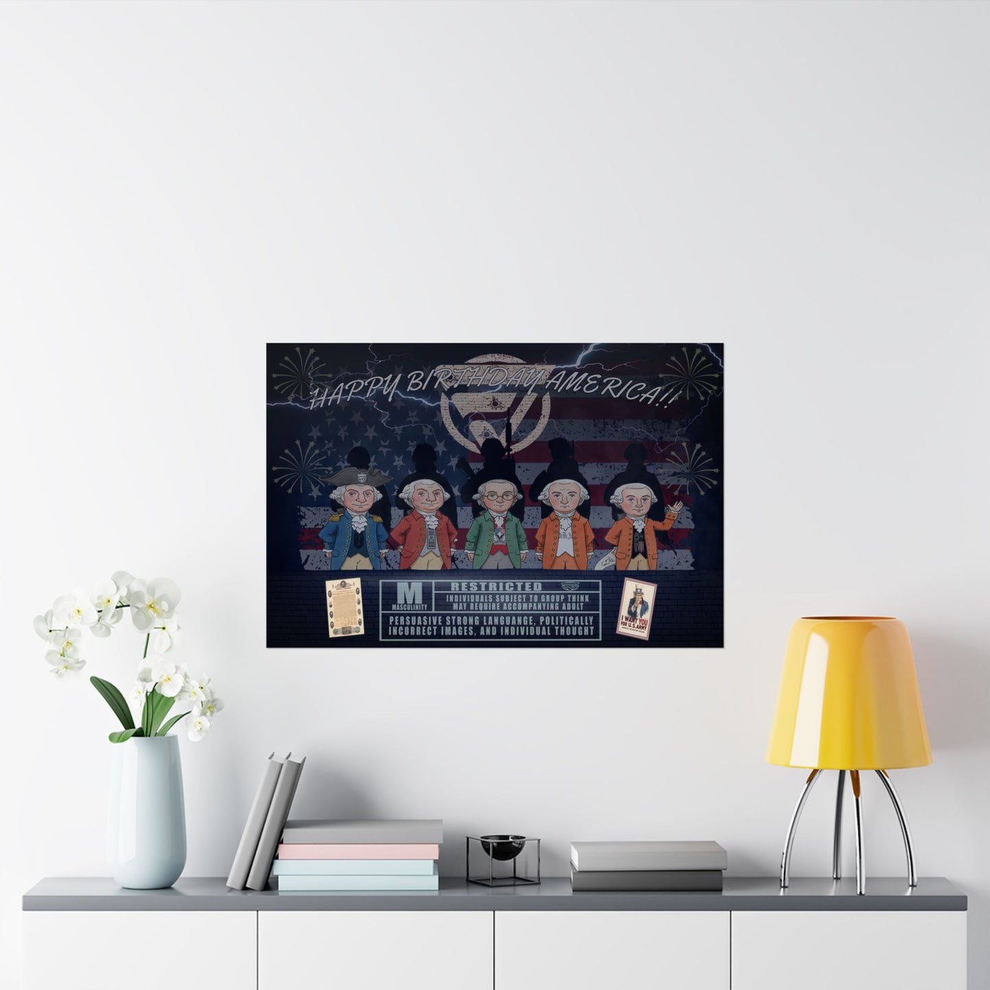 Decorative poster with cartoon characters on a wall above a shelf with books and a lamp.