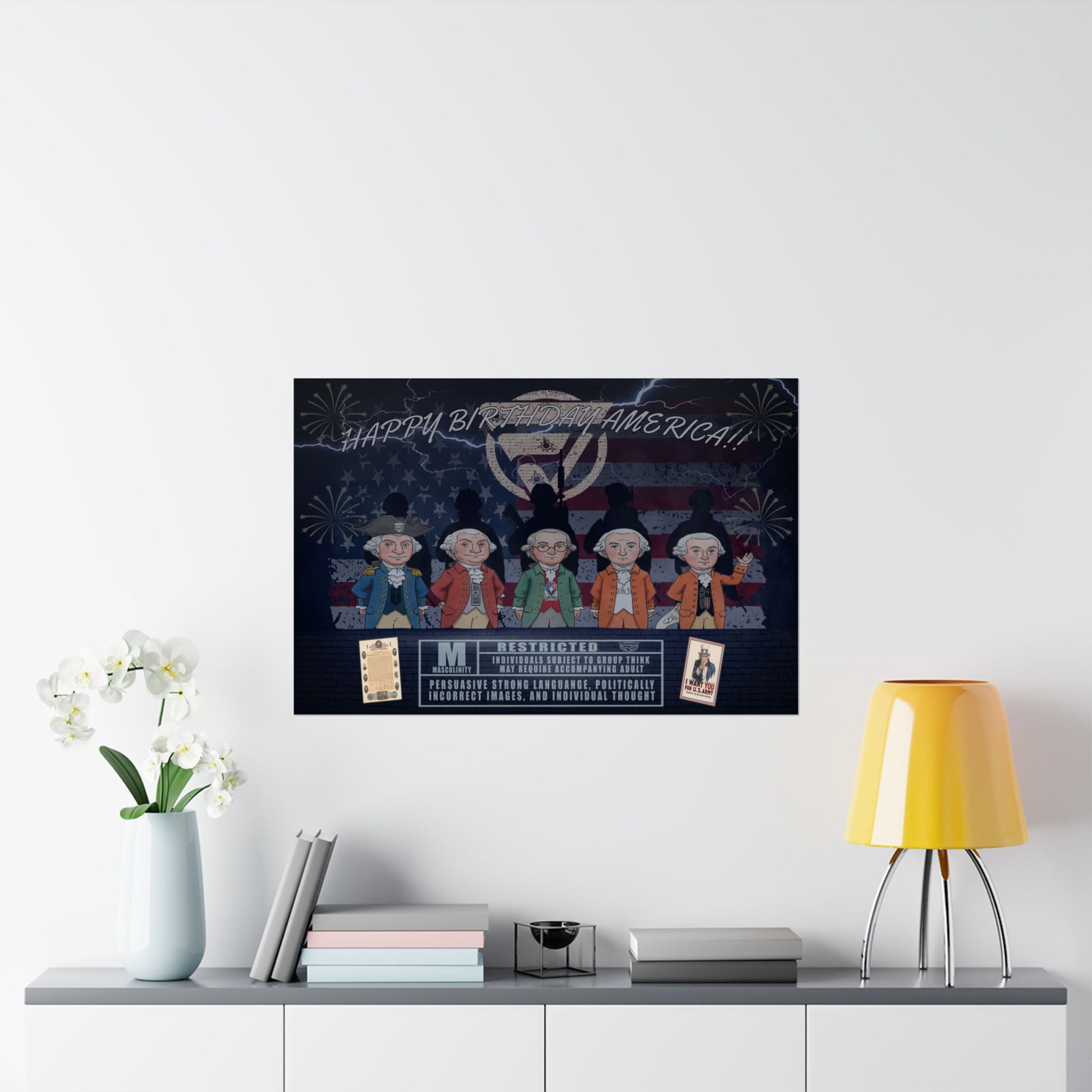 Decorative poster with cartoon characters on a wall above a shelf with books and a lamp.