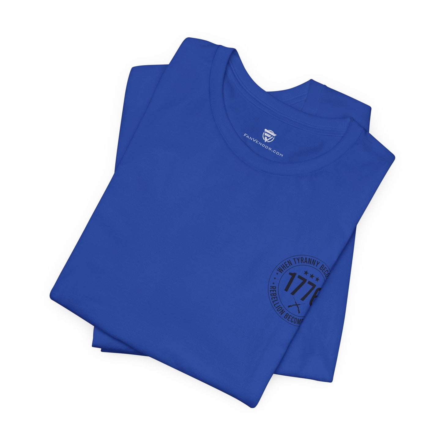 Folded blue t-shirt with '1776' logo on a white background