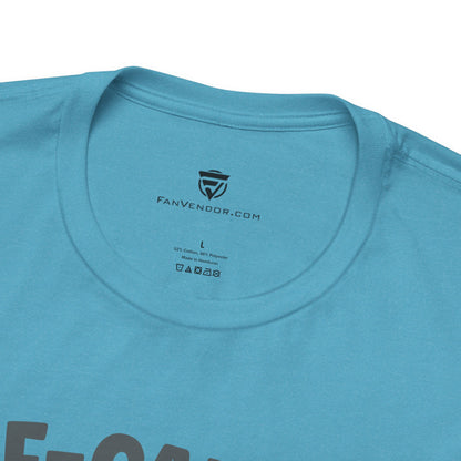 Close-up of a blue t-shirt with 'FanVendor.com' logo and text 