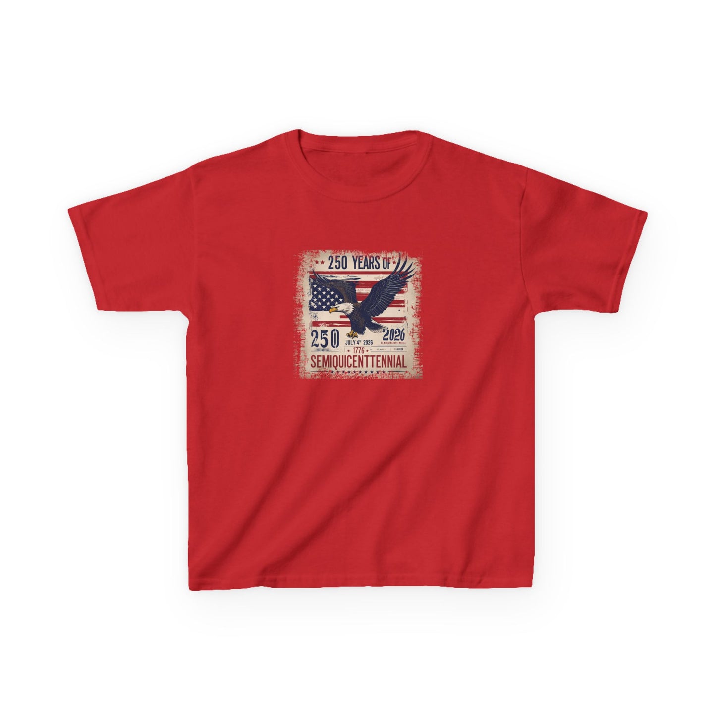 Red t-shirt with American flag and eagle design on a white background