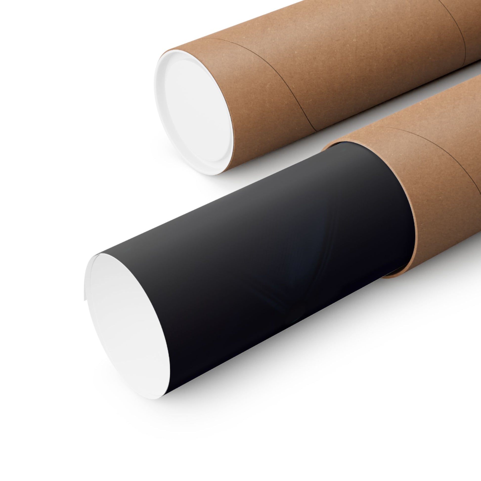 Two cylindrical paper tubes, one black with gold text and the other brown, on a white background.