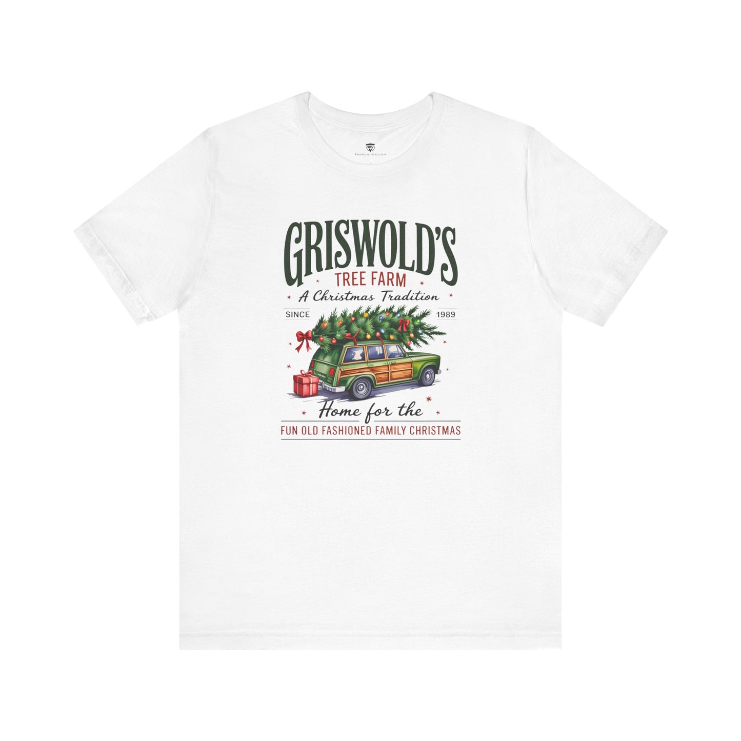 White t-shirt with 'Griswold's Tree Farm' graphic and text on a white background