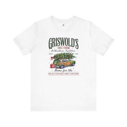 White t-shirt with 'Griswold's Tree Farm' graphic and text on a white background